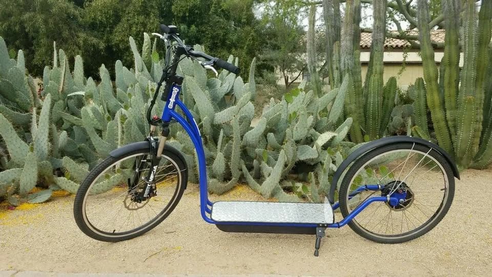 Blue NF scooter from 2017 beside a cactus garden