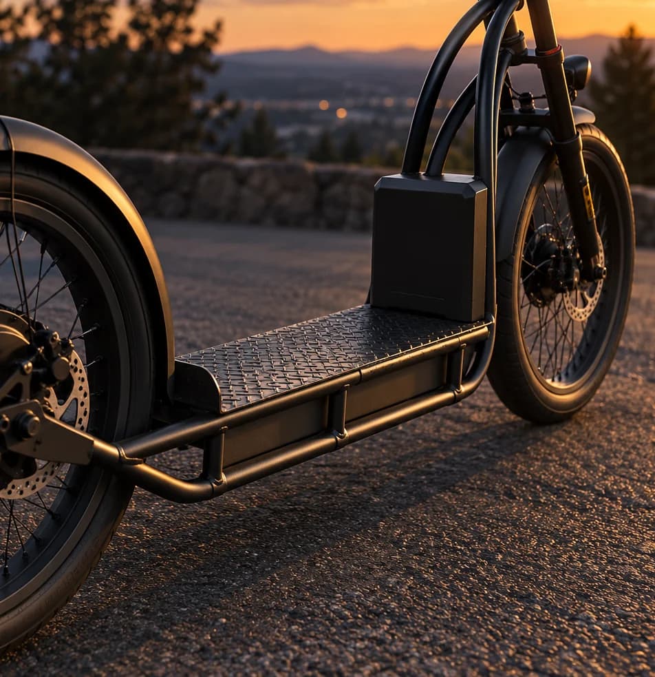 NF frame rails, standing deck and battery in low evening light