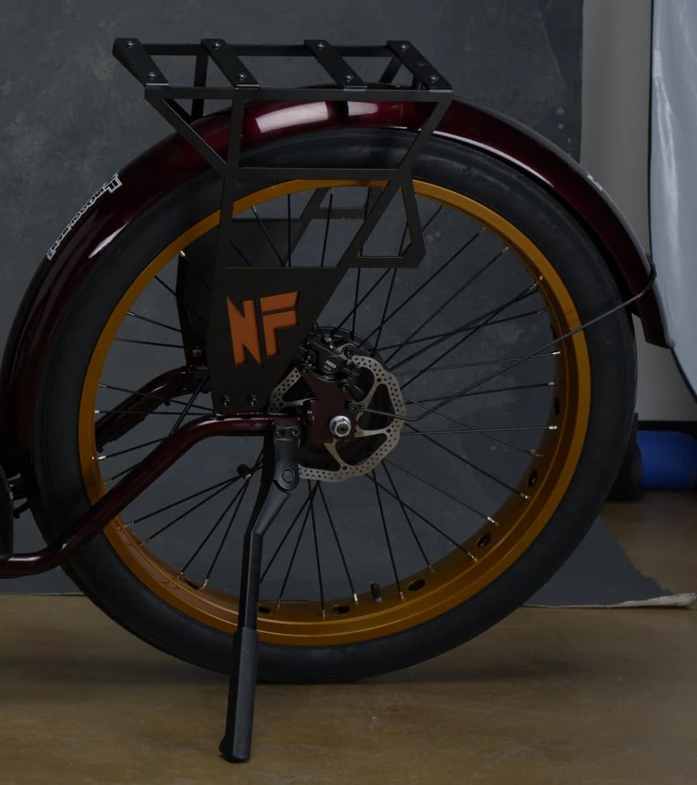 Rear rack, NF side panel, burgundy fender and gold rim on an earlier NF build