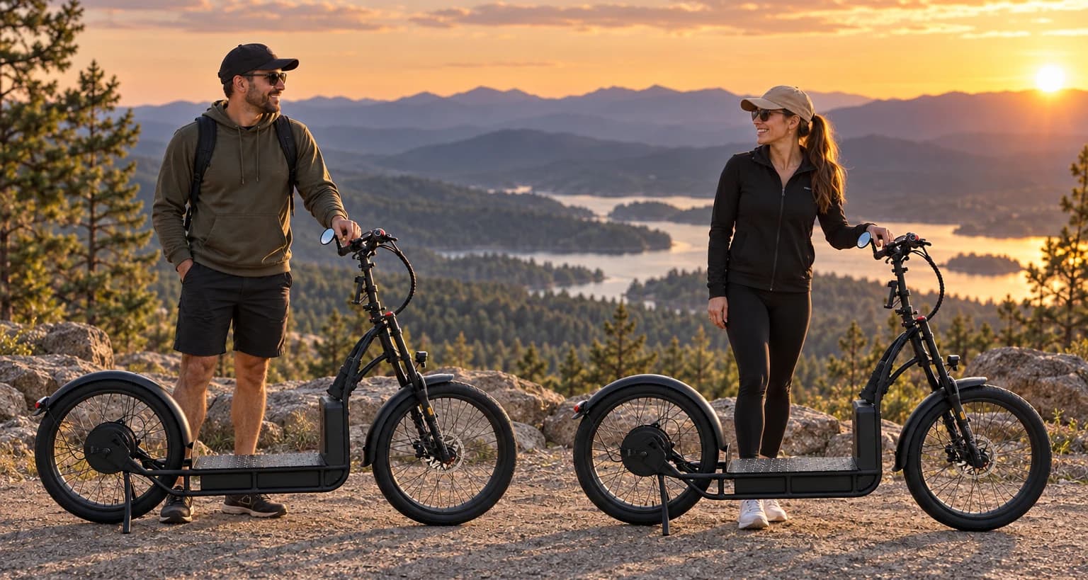 Two riders with scooters overlooking a mountain lake at sunset