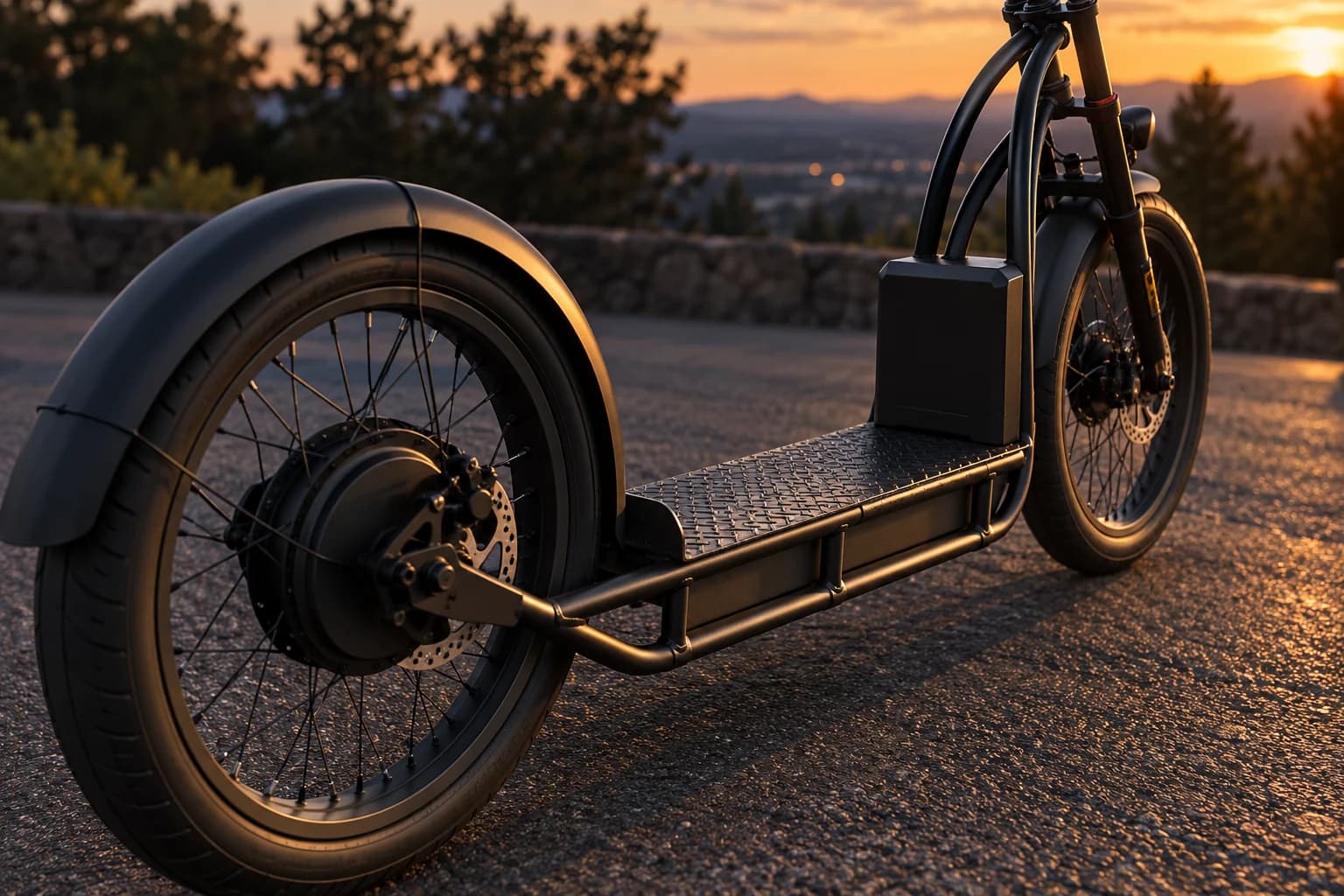 Low-angle view of an NF scooter on the road at golden hour