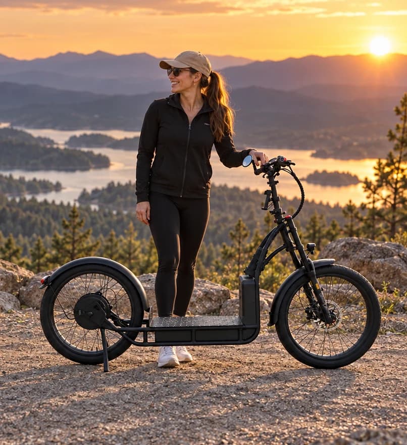 Rider standing with her NF scooter at a mountain lake overlook at sunset